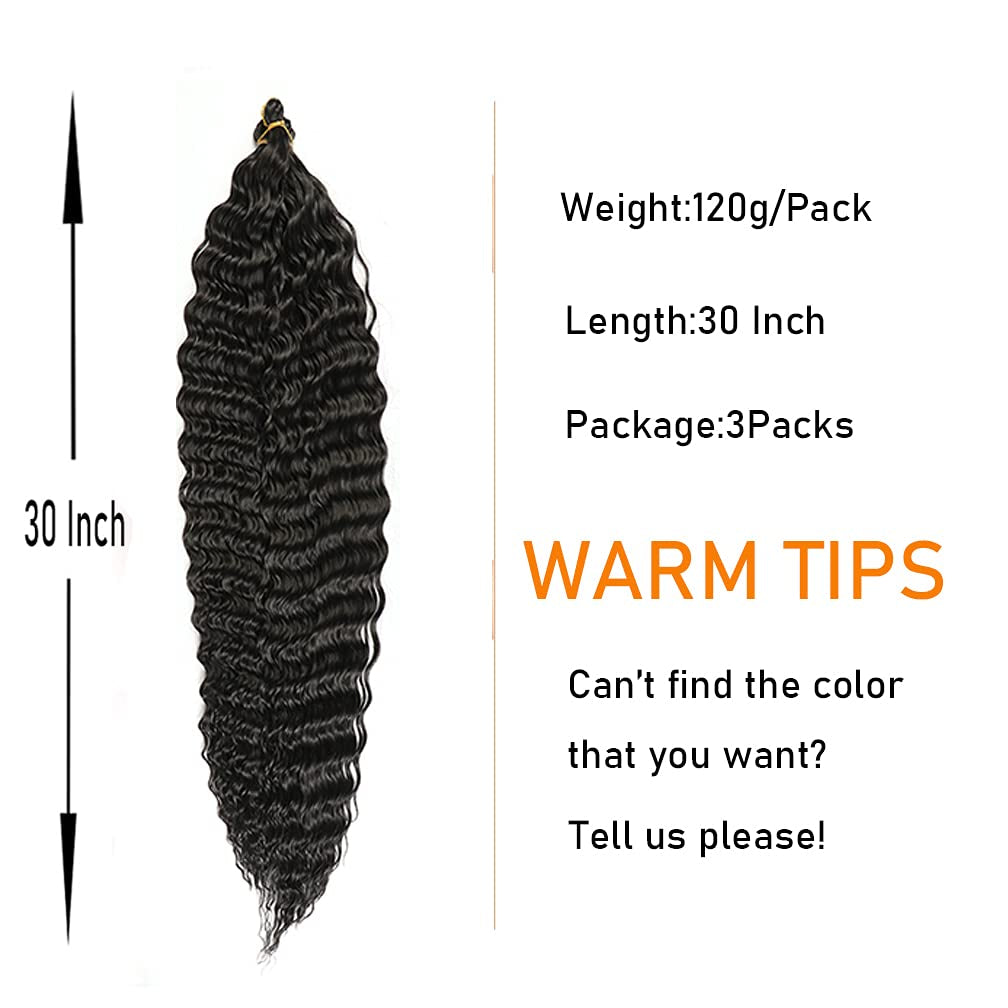 30 Inch Ocean Wave Crochet Hair Extensions for Women 3 Packs/Lot Deep Ripple Crochet Twist Braiding Hair Curly Synthetic Braids Hair(30"Natural Black)