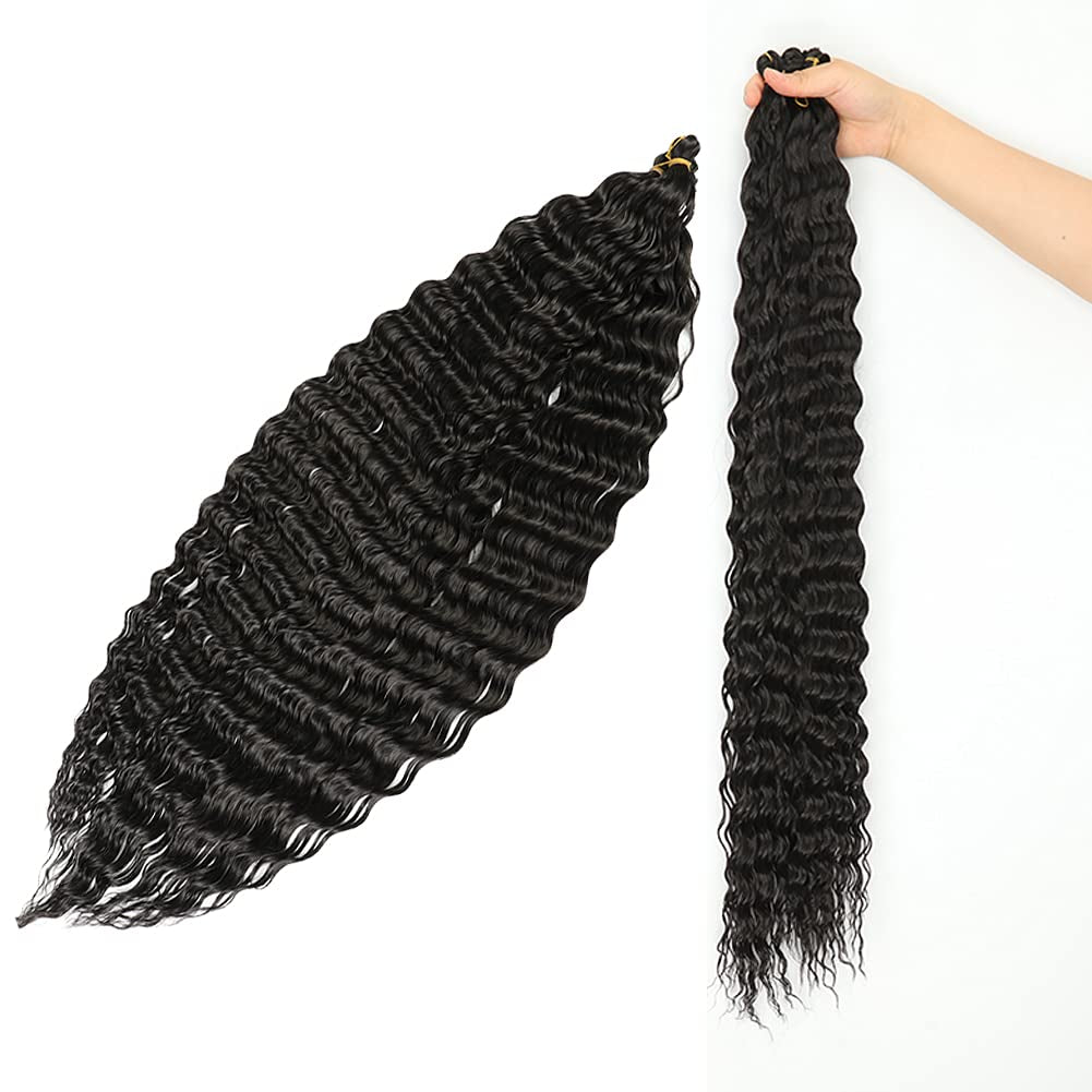 30 Inch Ocean Wave Crochet Hair Extensions for Women 3 Packs/Lot Deep Ripple Crochet Twist Braiding Hair Curly Synthetic Braids Hair(30"Natural Black)